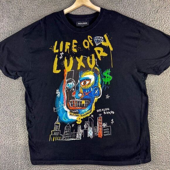 Reason Brand Life Of Luxury Mens XXL Black Hand Crafted Print Streetwear Hip Hop - Picture 1 of 13
